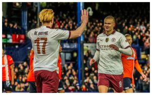 Erling Haaland warns the Premier League 1 Haaland and De Bruyne celebrate. Credit: All Football