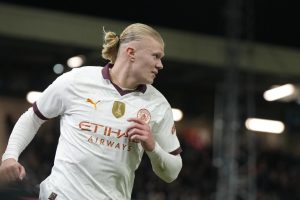 Haaland celebrates his third goal in their 5th round FA Cup game against Luton. Credit: AP