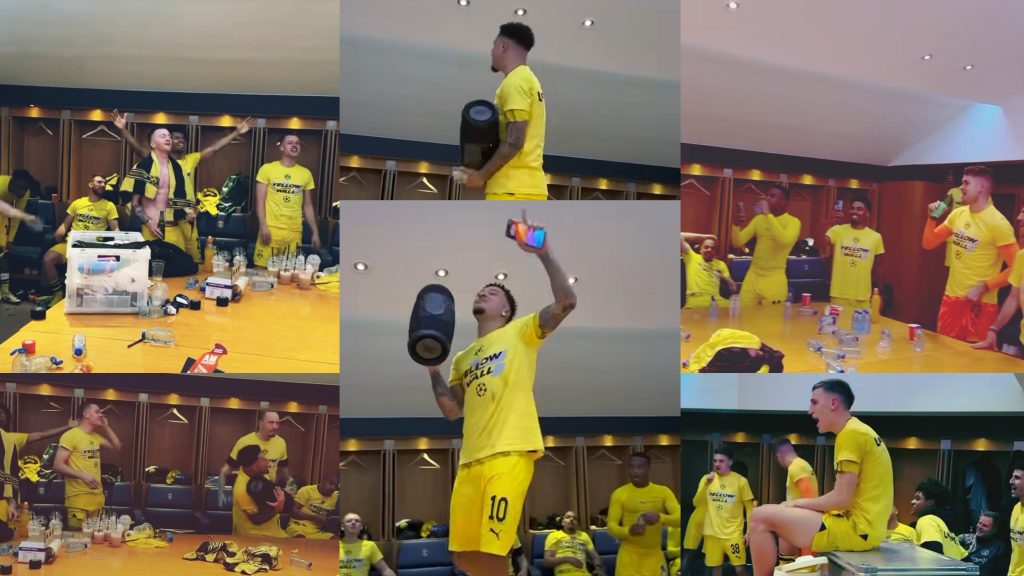 Jadon Sancho goes wild in dressing rom after victory over PSG