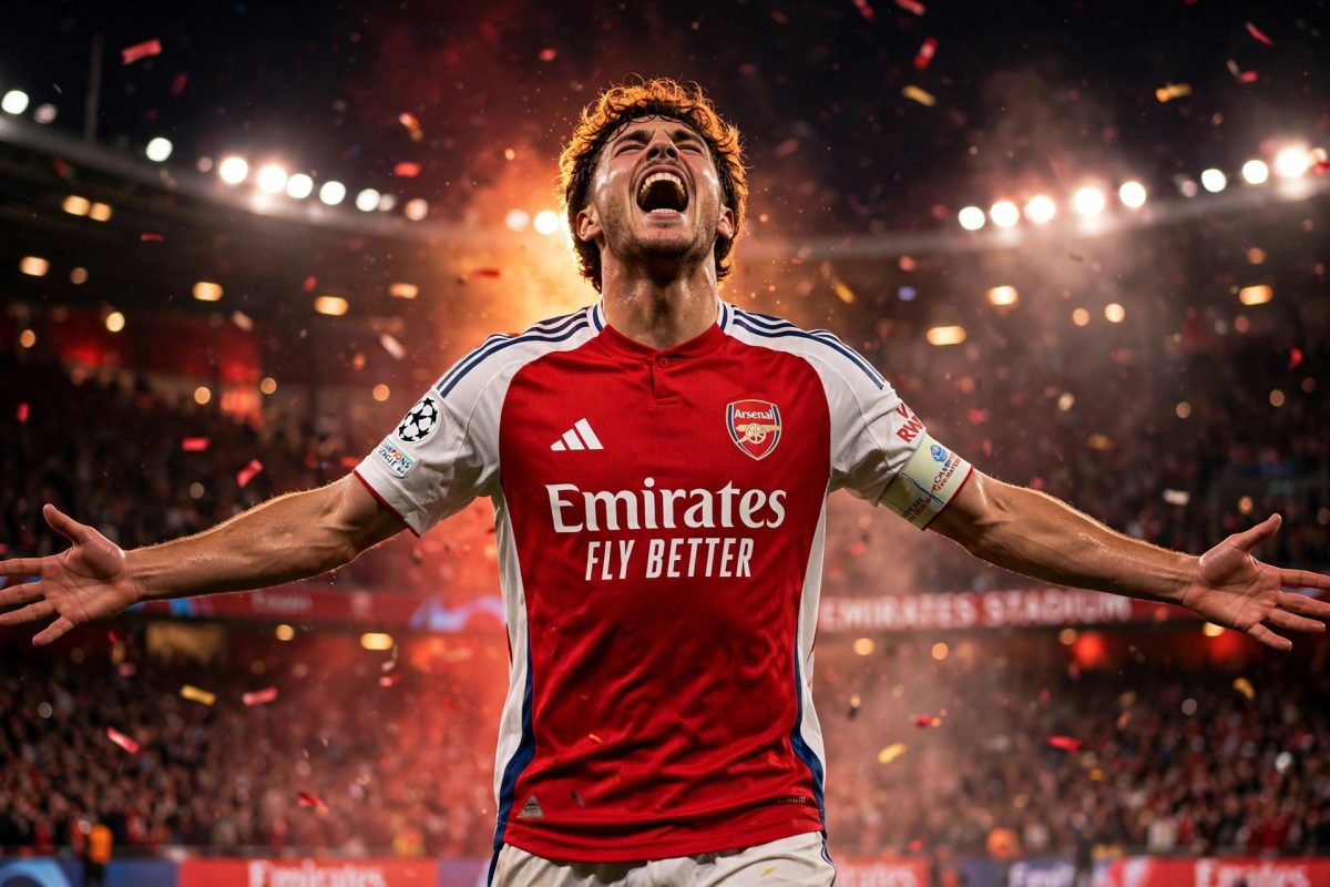 Arsenal player celebrating a Champions League goal against Lille at the Emirates Stadium